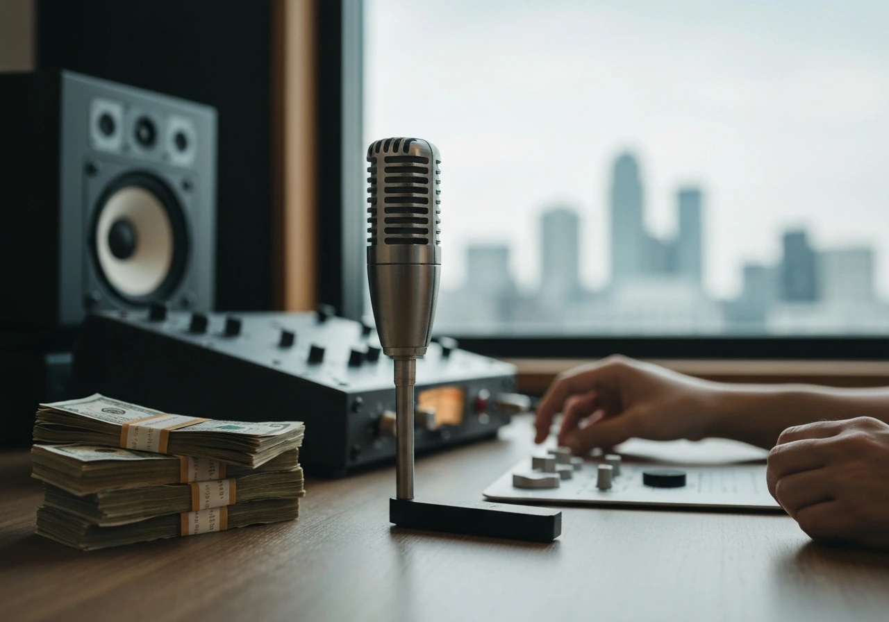 Anonymous studio desk with vintage microphone and cash bundle beside it, suggesting music-industry net worth estimates.