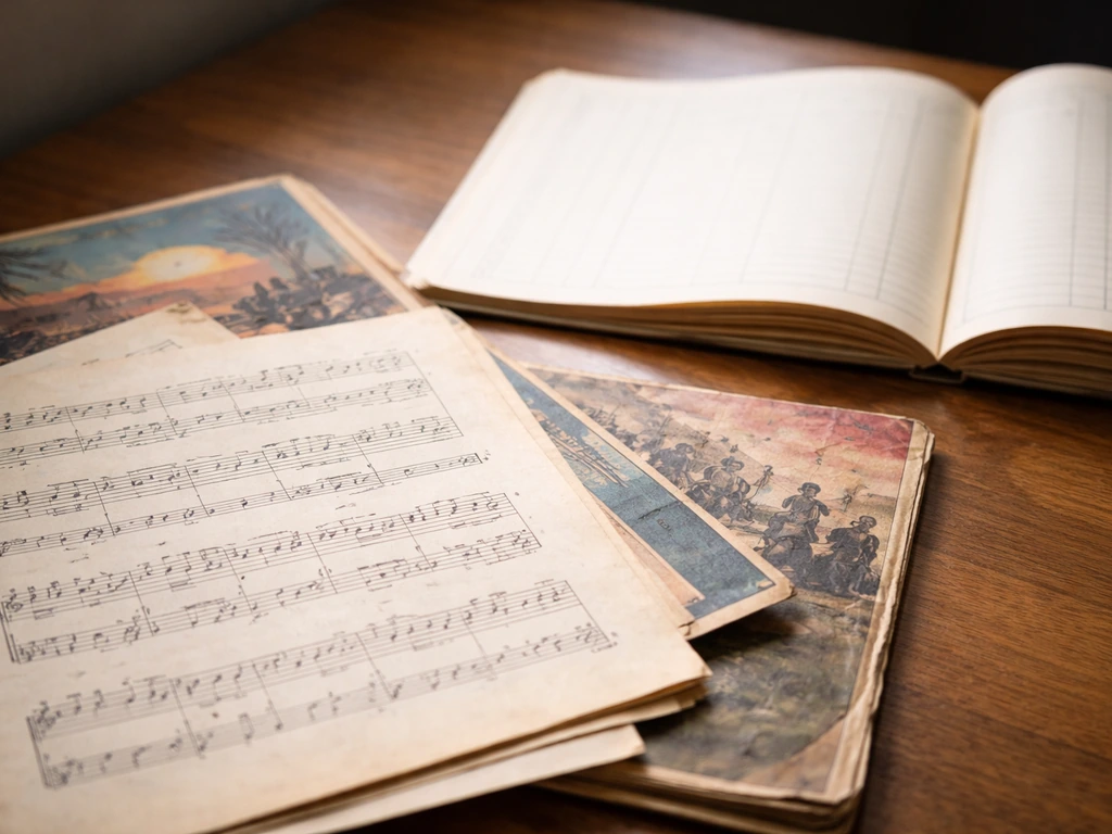 Close-up of vintage sheet music and album artwork beside a simple open ledger, symbolizing catalog royalties