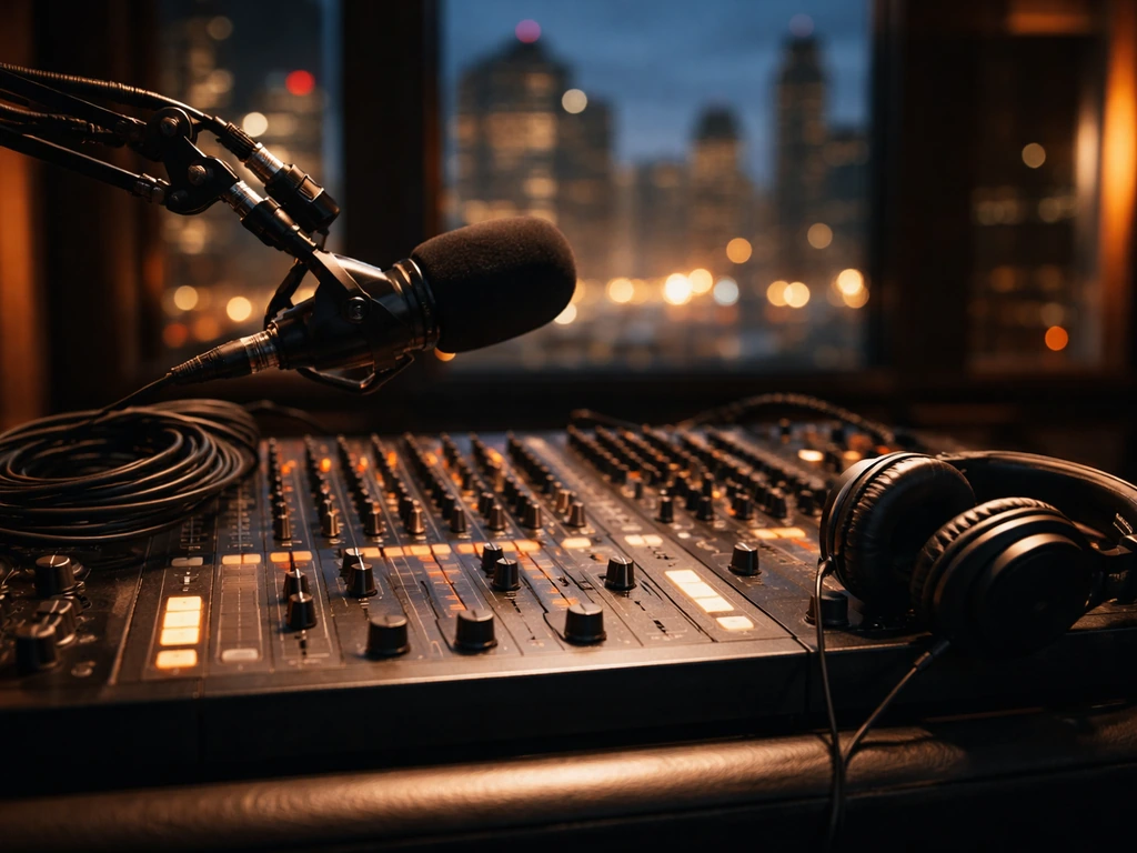 Close-up of a hip-hop radio DJ console with microphone and headphones in a studio setting, no people visible.