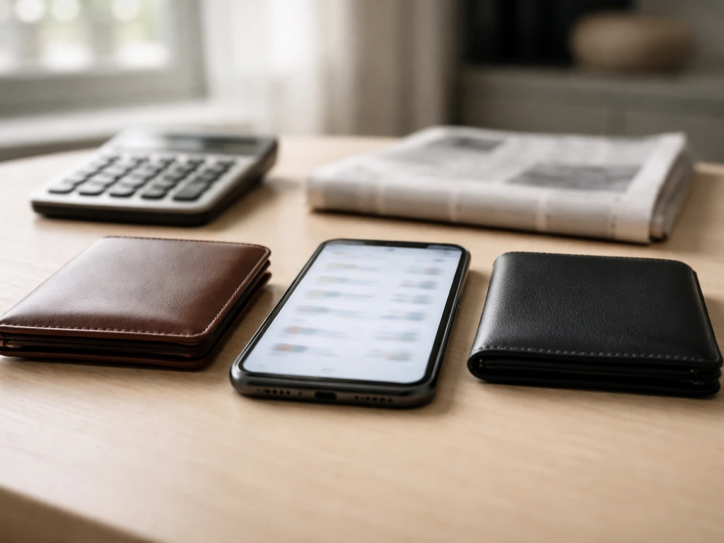 Minimal desk scene with phone and wallets suggesting net worth estimate comparison, blurred screen, no text.