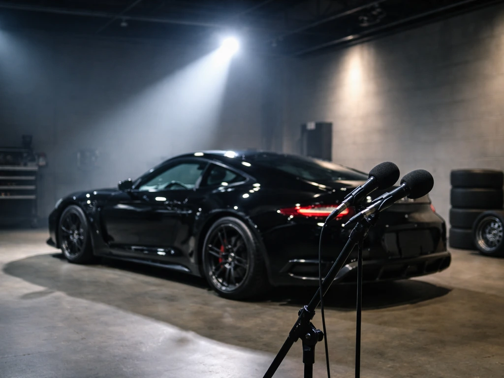 Minimal garage studio scene with a black sports car and microphones near it, no people visible.