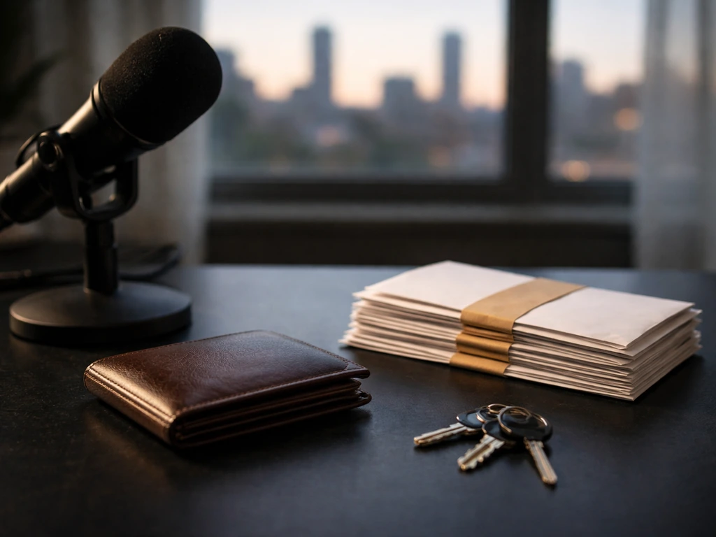 Minimal studio desk scene with microphone, wallet, envelopes, and keys symbolizing wealth breakdown