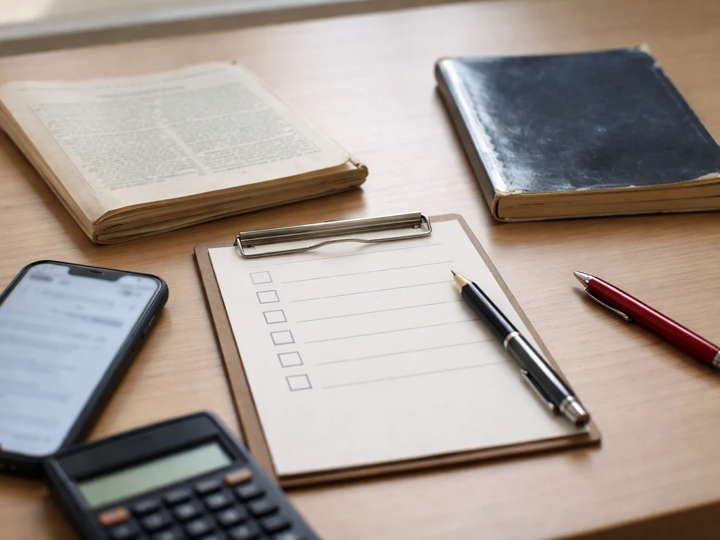 Desk with notepad checkboxes, calculator, and outdated booklets implying bad data signals for net worth research.