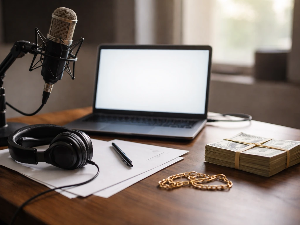 Minimal studio desk with microphone, headphones, and bundled cash symbolizing the rapper name search confusion