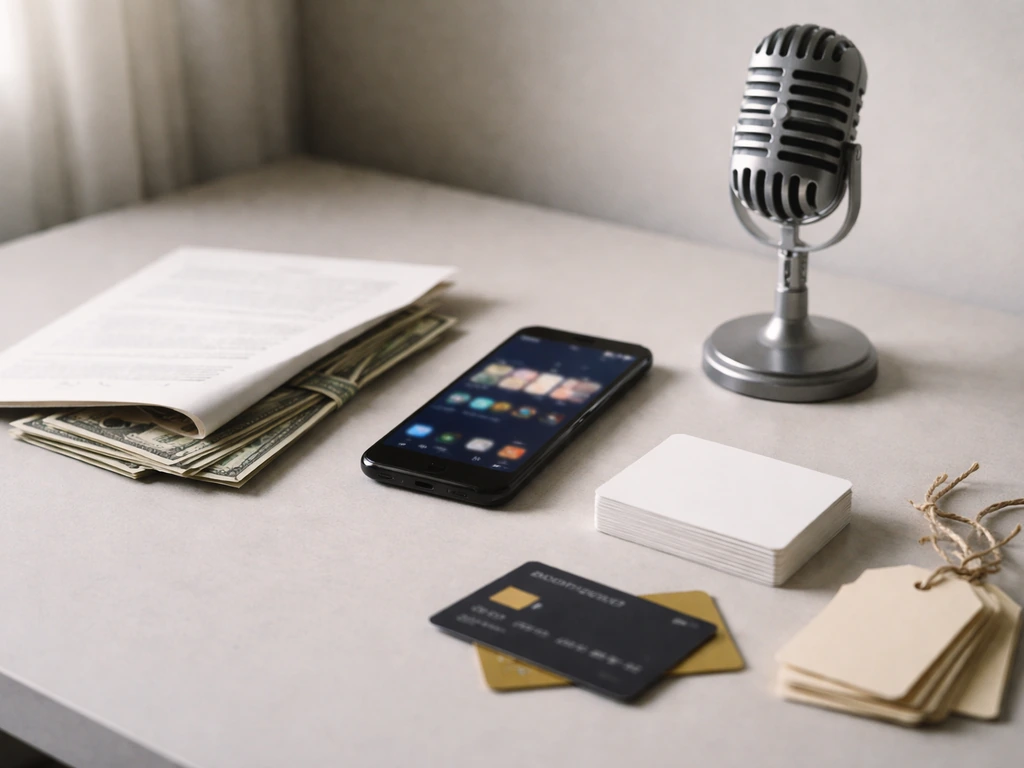 Minimal photo of a studio desk setup symbolizing multiple music revenue sources with cash, cards, and a microphone