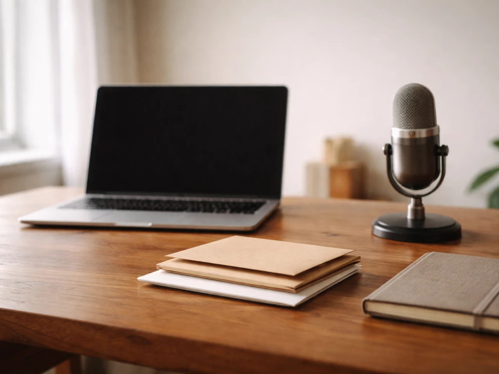 Minimal desk scene with studio microphone and stacked envelopes suggesting shifting earnings over time.