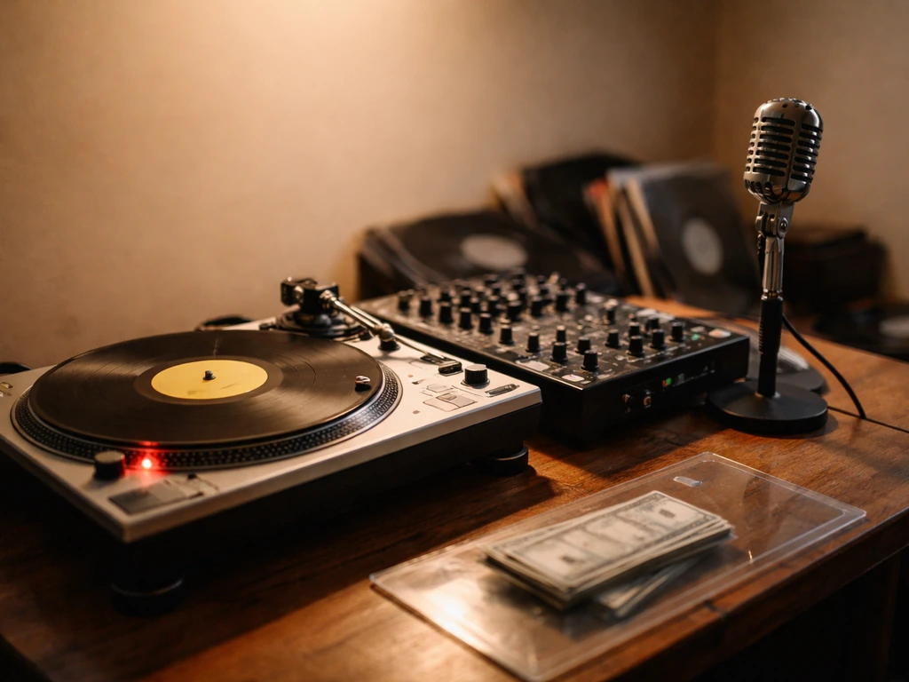 Minimal photo of a dancehall music studio vibe with analog gear and cash-like props symbolizing net worth analysis