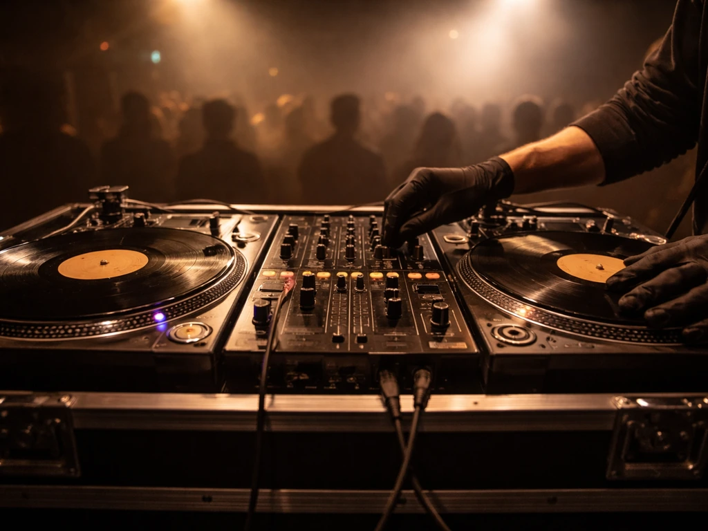 DJ/selector performing on stage behind turntables and mixer with blurred crowd silhouettes in dim lighting.