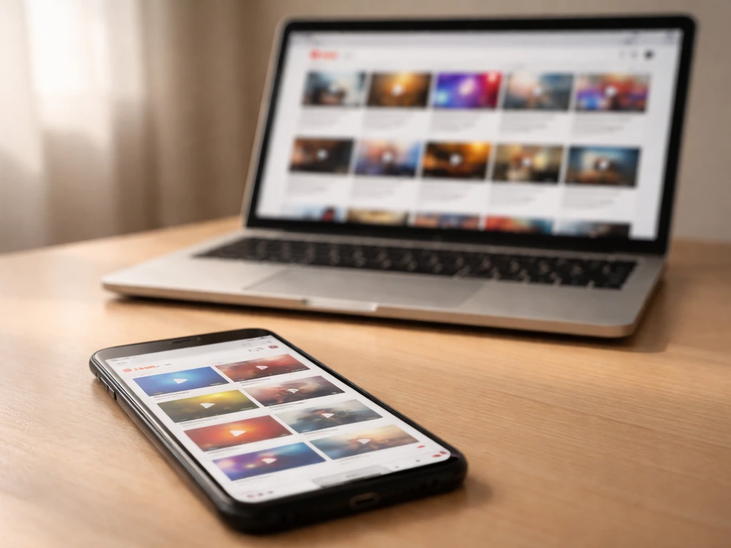 Close-up of a smartphone showing a clean social media feed and a laptop with a YouTube-like video thumbnail