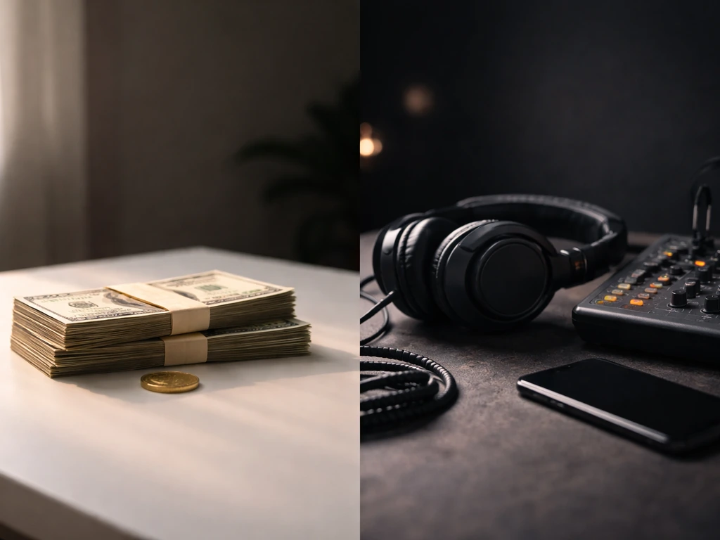 Minimal desk scene with cash and a music device, symbolizing hustle and net worth estimates