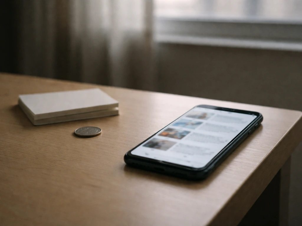 Minimal desk scene with scattered notes and a phone showing muted social/media tiles, suggesting mixed source credibilit