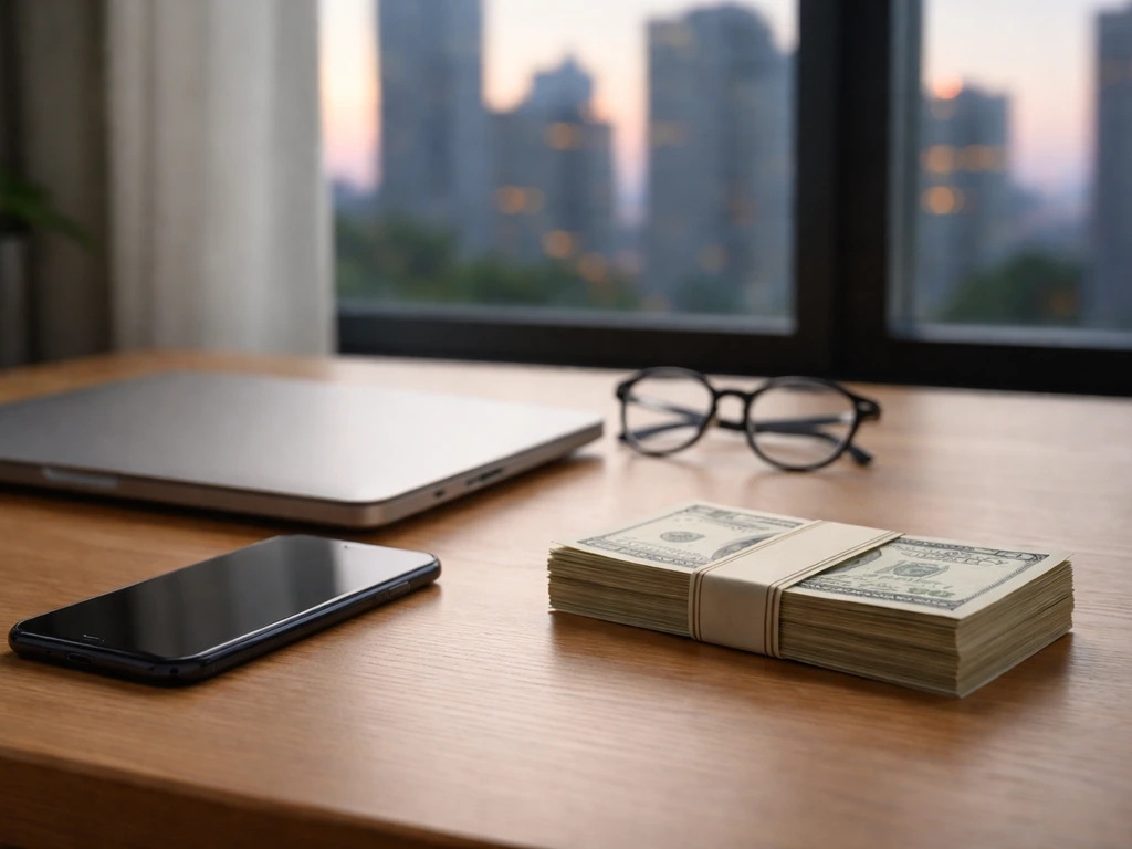 Minimal home office desk with cash bundle, smartphone, and laptop, symbolizing disputed net worth claims