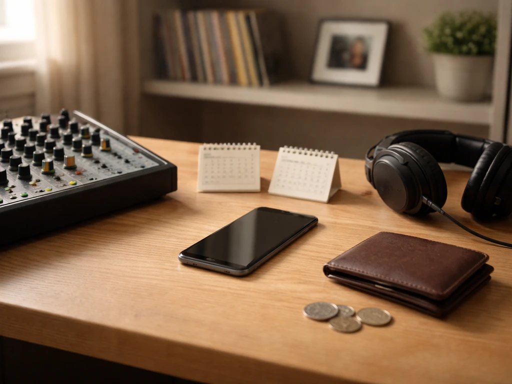 Minimal studio desk scene with an audio mixer, smartphone, and unmarked calendar pages symbolizing timing.