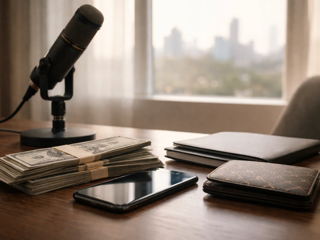 Minimal home studio desk with microphone and wallet, symbolizing net worth without any people.