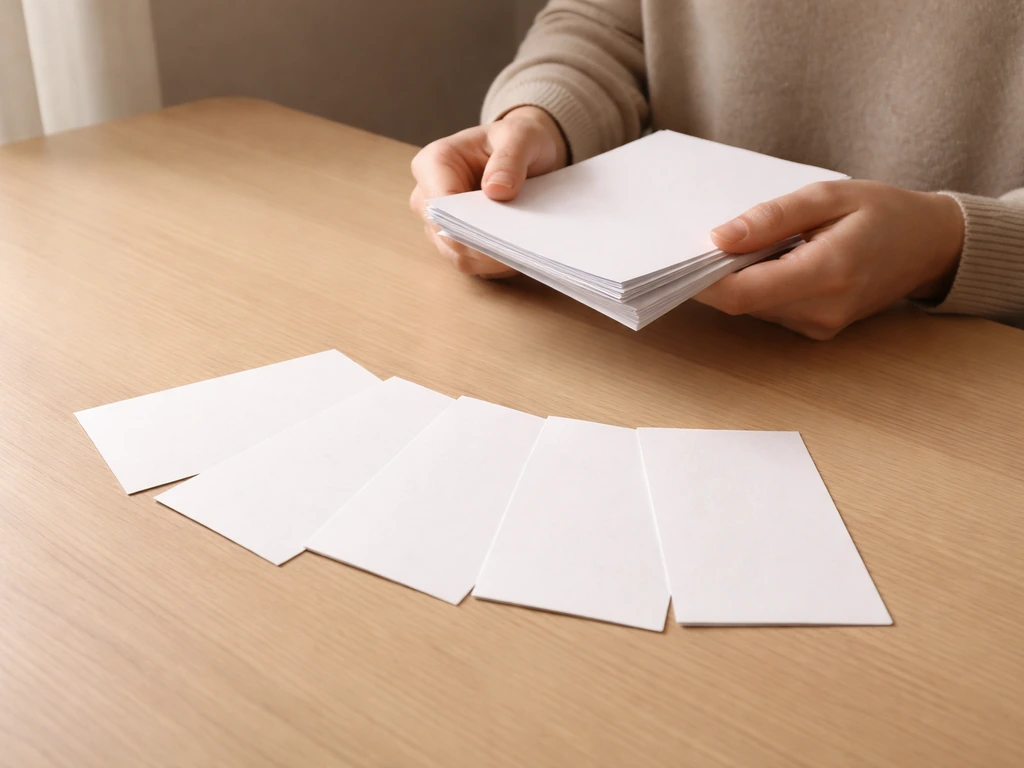 Hands holding a small stack of documents beside a simple range of five blank cards on a desk
