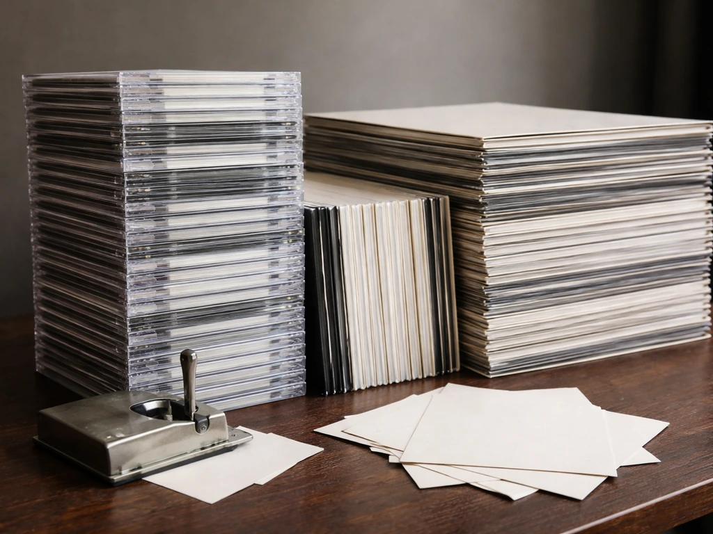Stacks of blank CD cases and vinyl records on a table, suggesting an industrial album-release era.