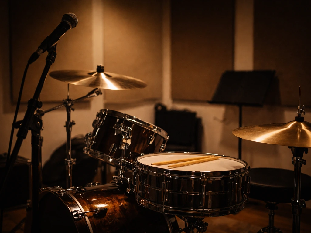 Vanilla Funk themed hero image: dark studio drum kit with warm lights, suggesting music royalties and touring income