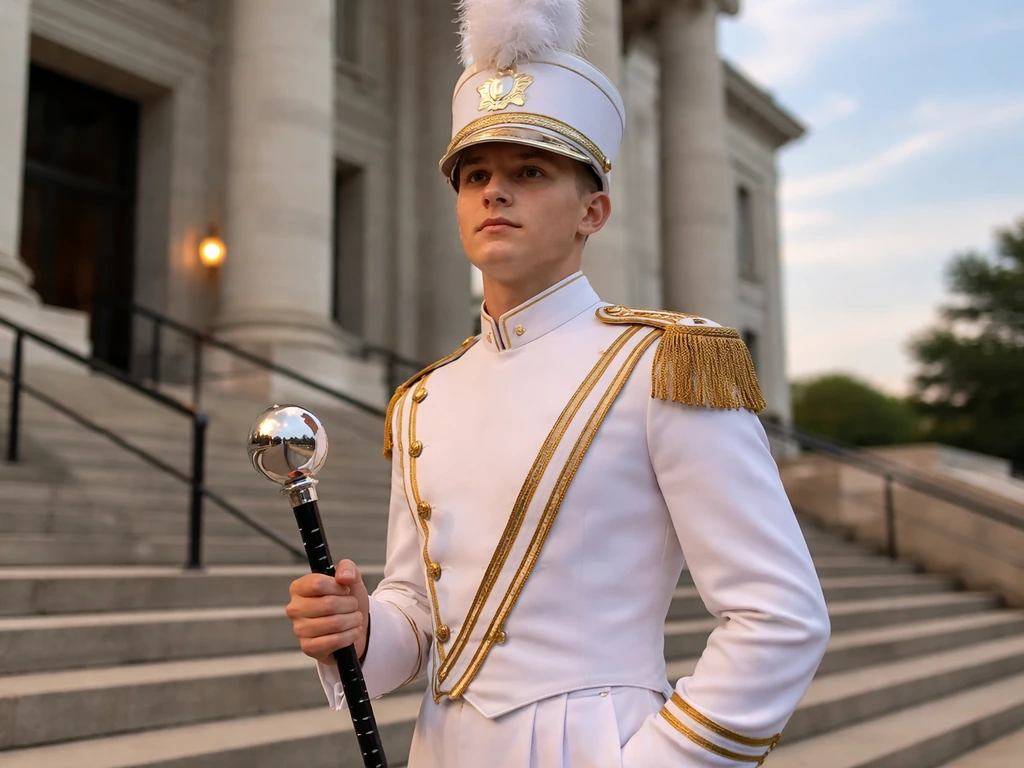 Justin Heideman in a white-and-gold drum major uniform holding a baton on courthouse steps in Montgomery