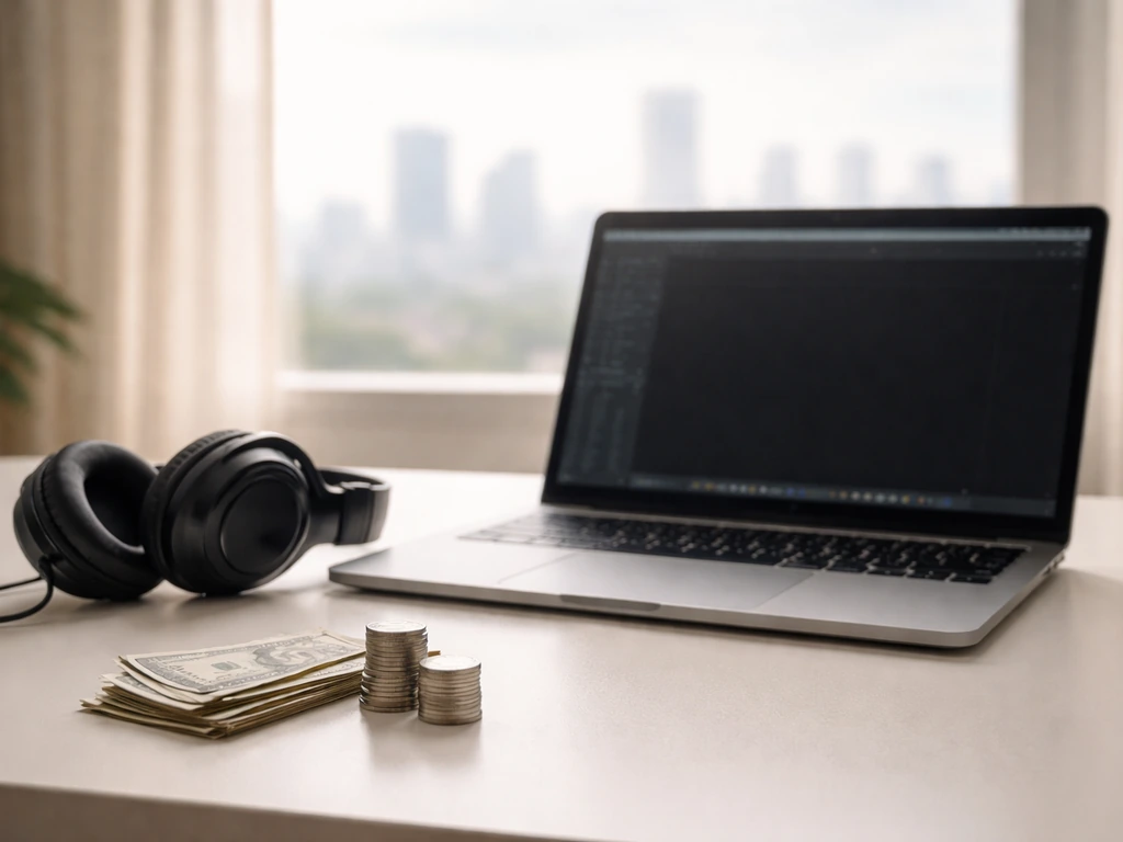 Minimal photo of a music streaming royalty scene with a laptop, headphones, and subtle money symbolism.