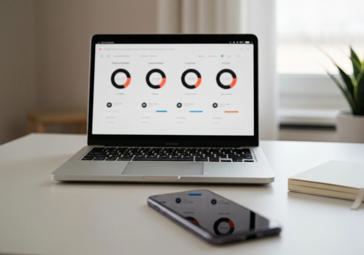 Minimal desk scene with a laptop showing analytics-like reflections, symbolizing verified YouTube reach.
