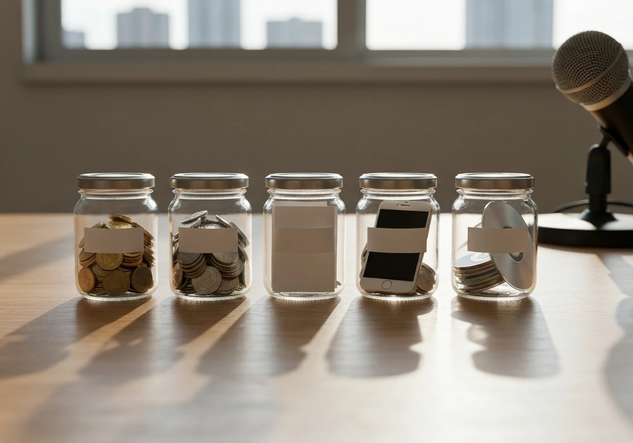 A minimal desk scene with four coin-filled glass jars suggesting multiple income streams, plus phone, cards, and a micro