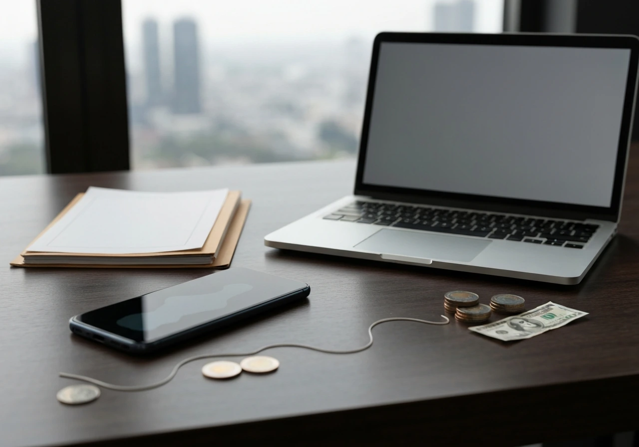 Minimal desk scene with a smartphone and money symbols suggesting wealth changes over time