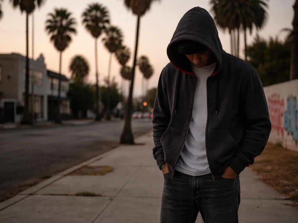 Anonymous man in a Los Angeles street setting with Rollin’ 60s Crips-style street symbolism