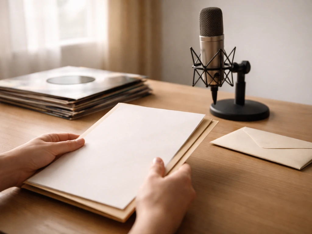 Close-up of hands and documents beside vinyl records and a subtle cash envelope, symbolizing music-management income sou