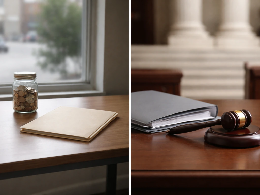 Minimal split scene: coins and a folder for assets on the left, a gavel and legal folder for liabilities on the right.
