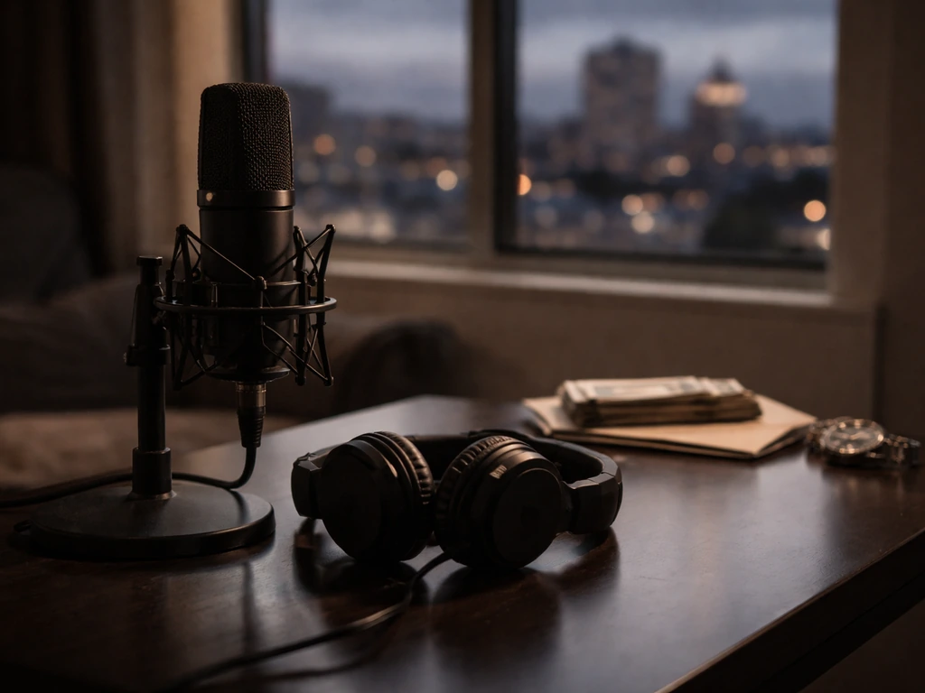 Minimal photo of a hip-hop artist studio desk with microphone and subtle wealth cues, symbolizing a public rap career