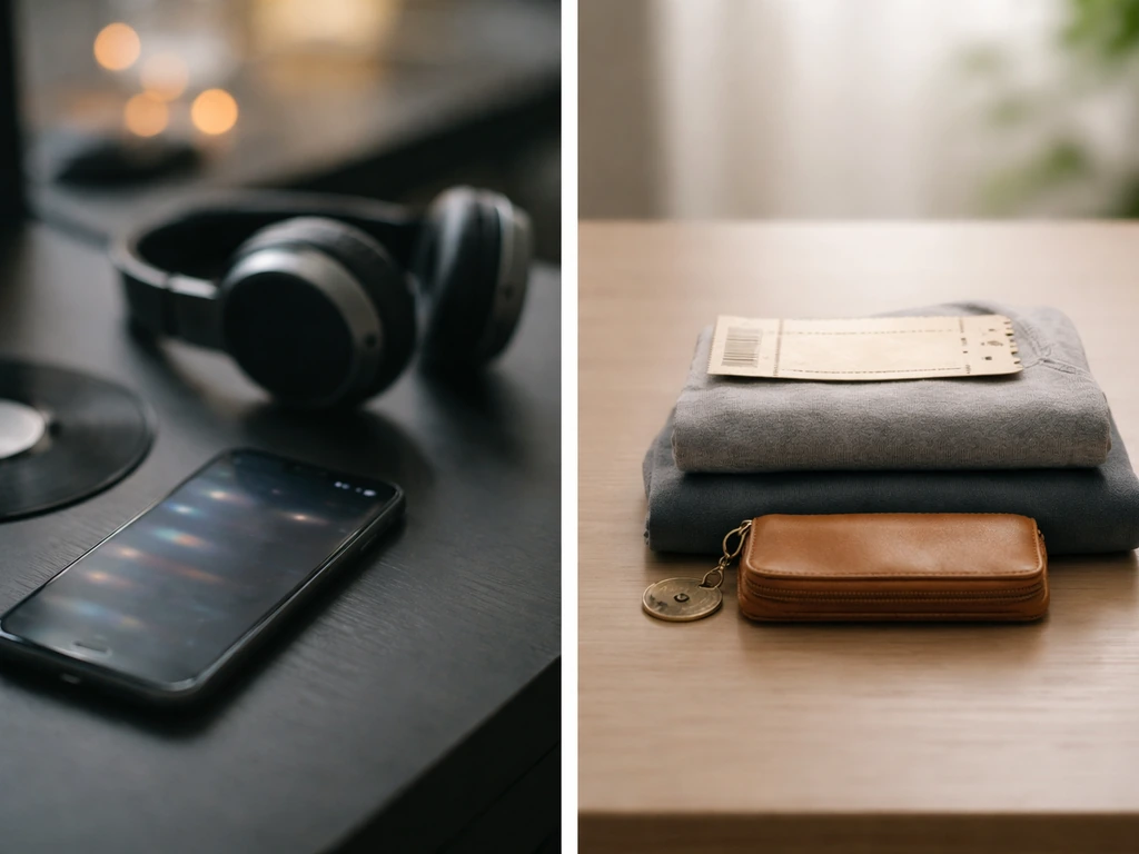 Split desk photo: smartphone and headphones on one side; stacked generic ticket, shirt, and coin pouch on the other.