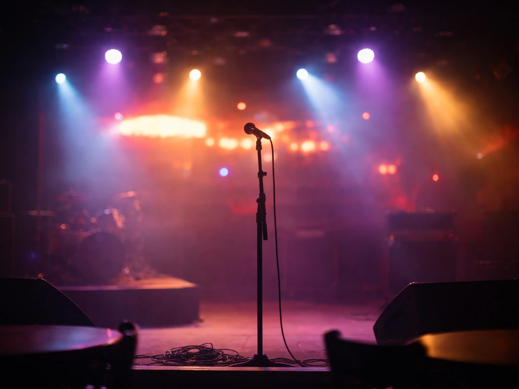 Empty nightclub stage with a microphone, colorful lights, and blurred neon venue signage glow behind.