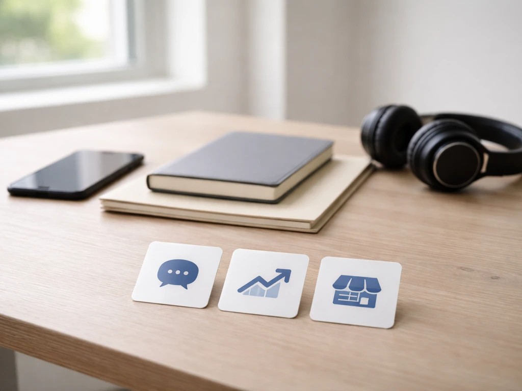 Desk with smartphone, notebook, and simple verification icons suggesting checking business and social metrics.