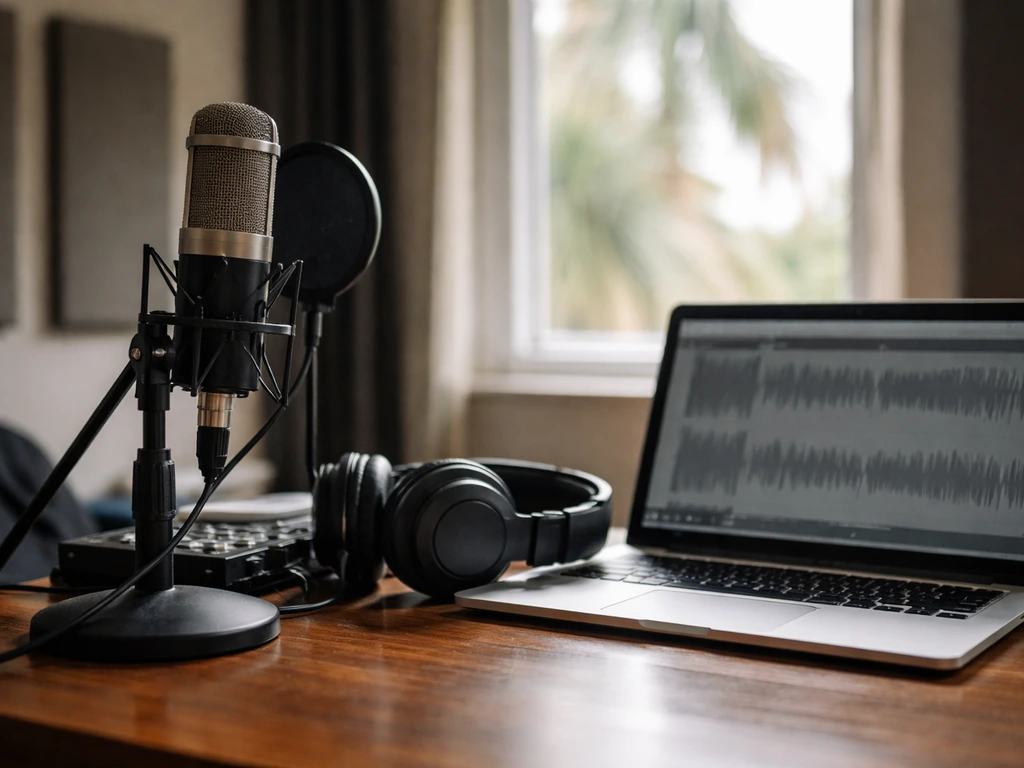 Minimal music studio desk with microphone and headphones, hinting at hip-hop production and identity context.