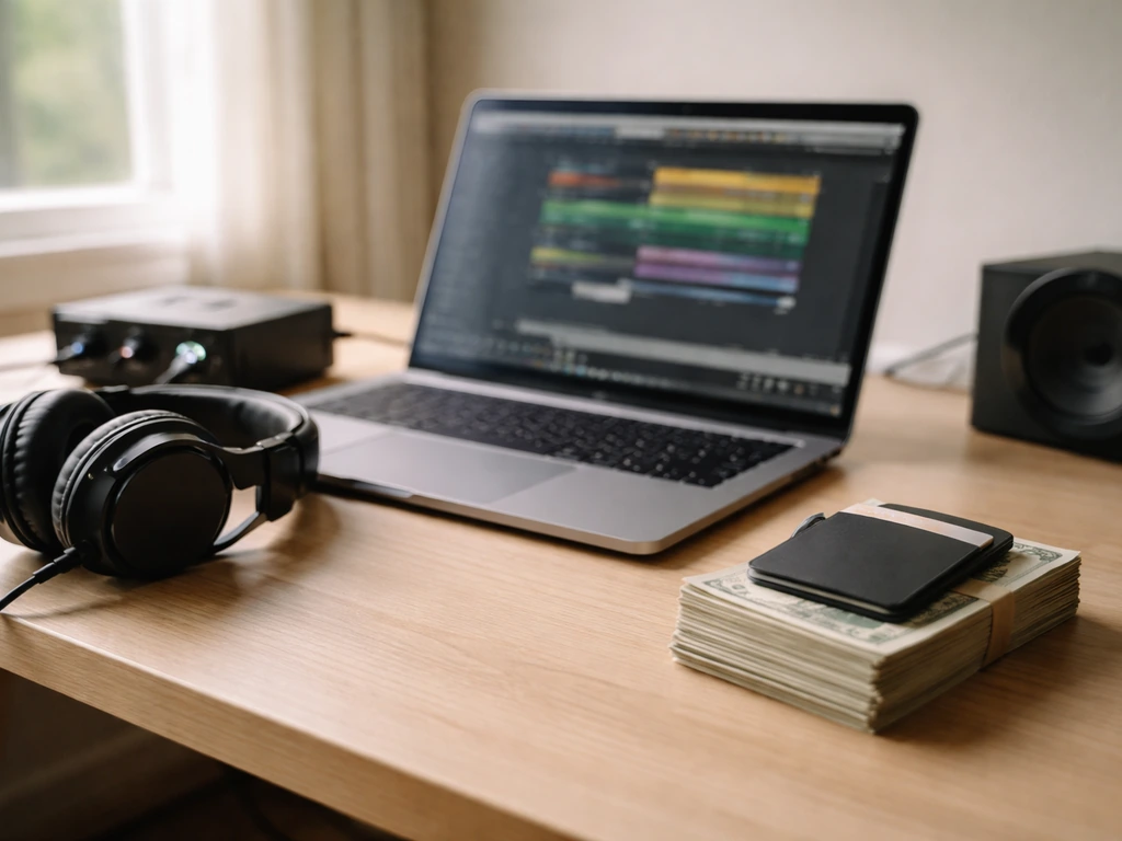 Studio desk with DAW laptop, headphones, and money implying catalog-driven earnings.