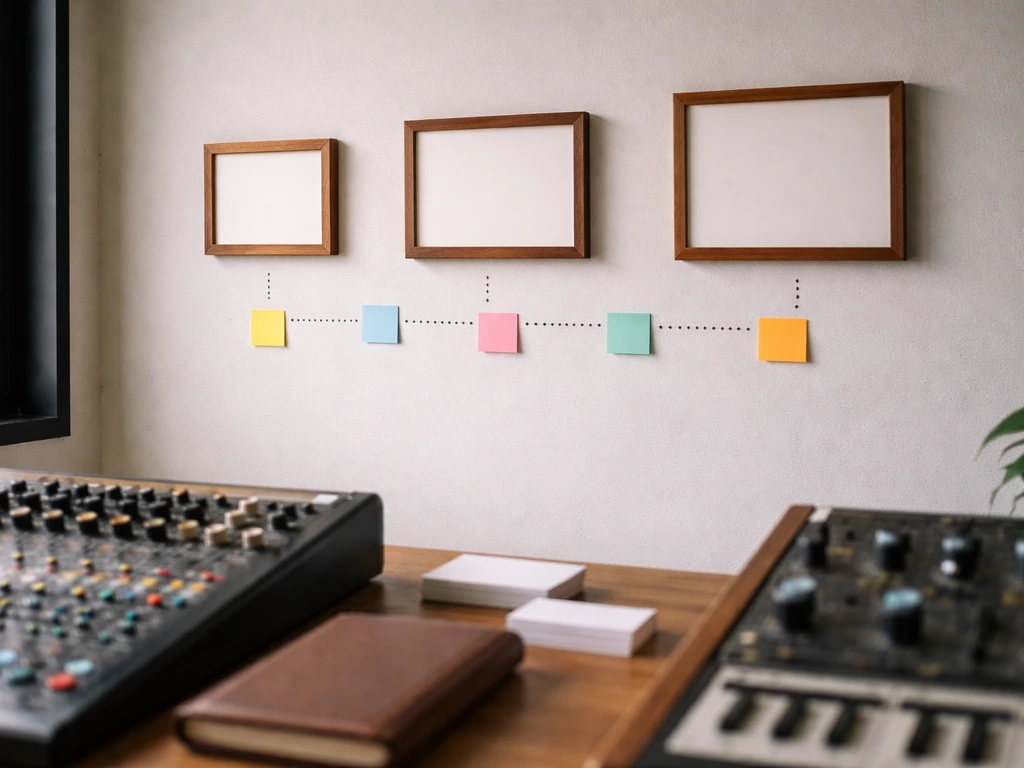 Minimal recording studio desk with milestone frames and blank notes symbolizing growing career value over time.