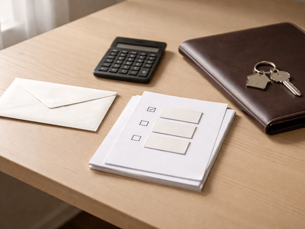 Minimal desk scene with blank documents, calculator, and checklist-like cards suggesting what to trust in estimates.