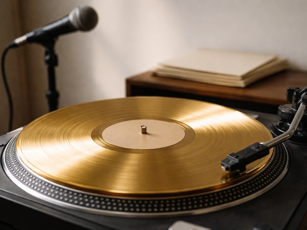 Close-up of a gold vinyl record titled Baby Got Back on a turntable, hinting at music royalties.