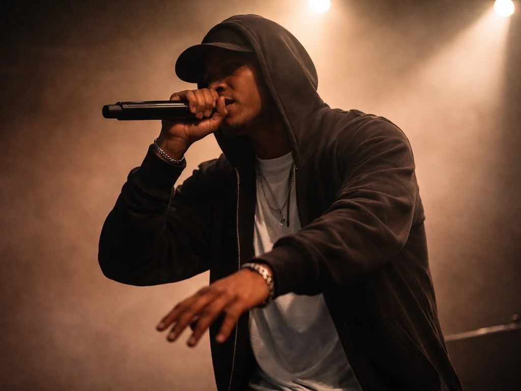 Anonymous hip-hop rapper performing onstage with a handheld microphone under warm stage lights.