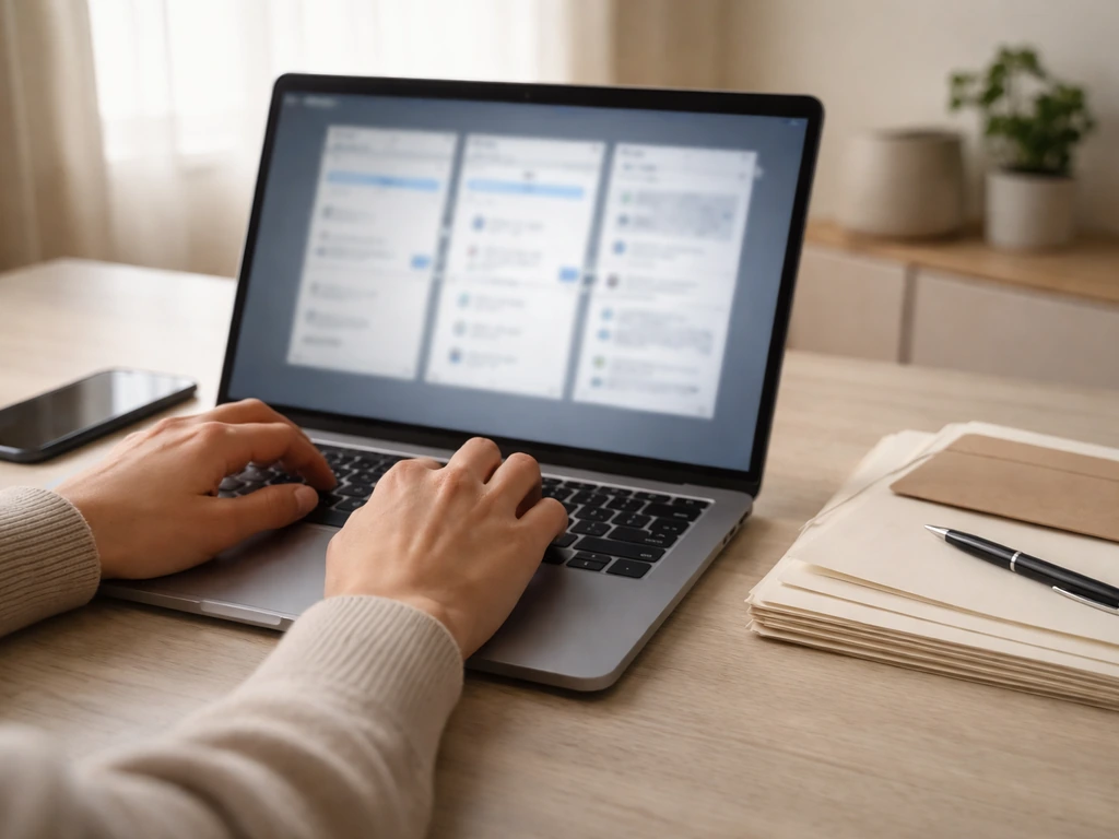 Close-up of a laptop showing repertory-search workflow in a quiet home office with cash-colored accents