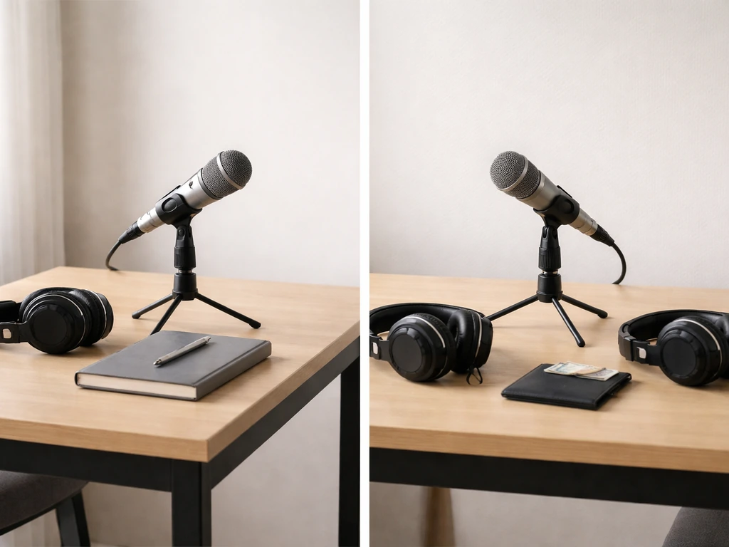 Two empty studio desk setups with microphones and a wallet, suggesting matching the right artist profile.