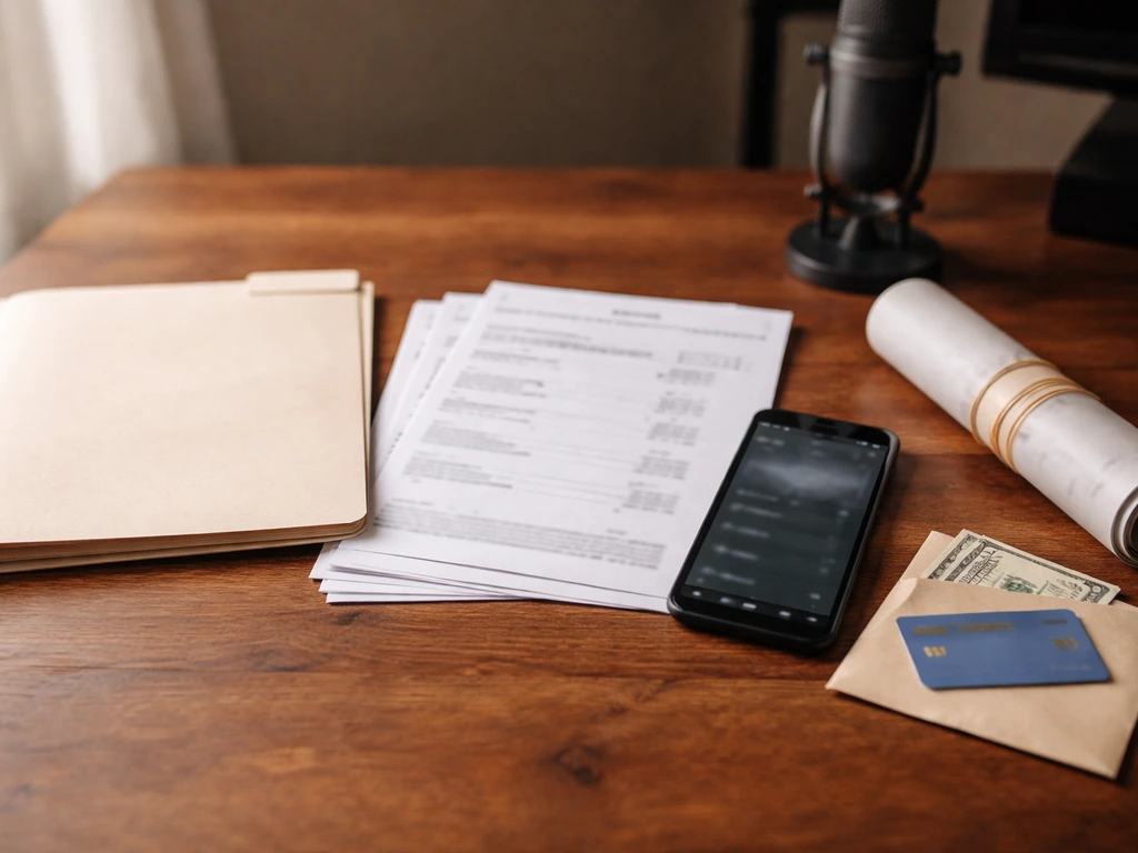 Minimal desk scene with blurred royalty papers, contract folder, phone dashboard, and rolled tour poster.