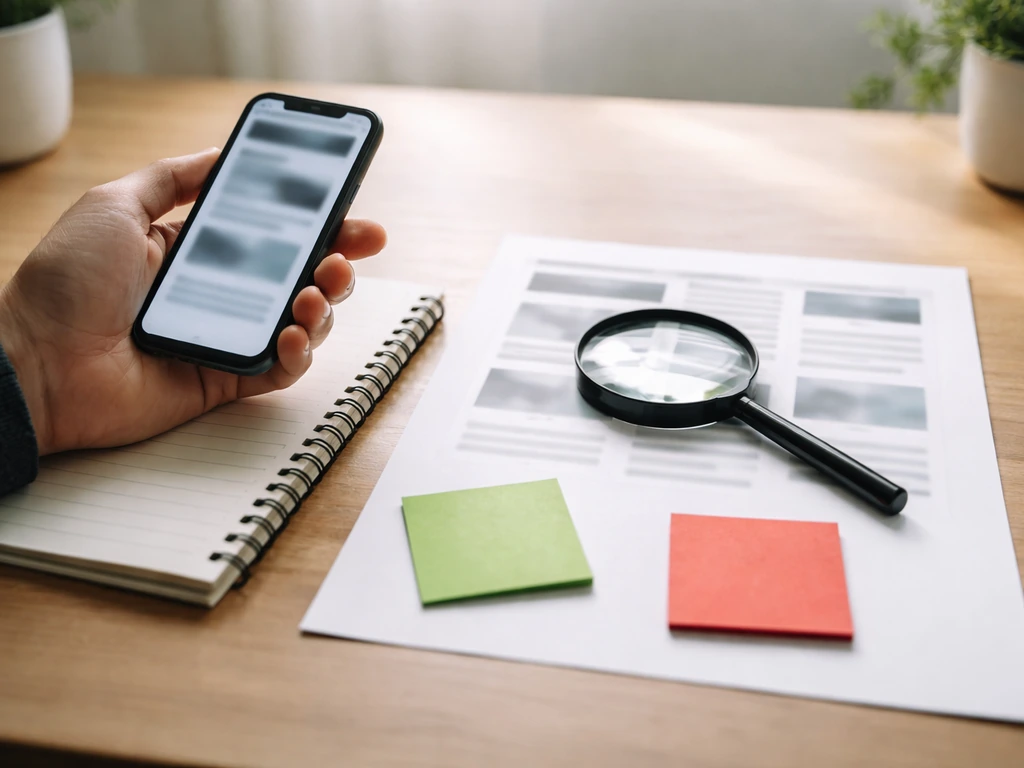 Hand reviews a smartphone and blurred website cards with green and red sticky notes on a desk.