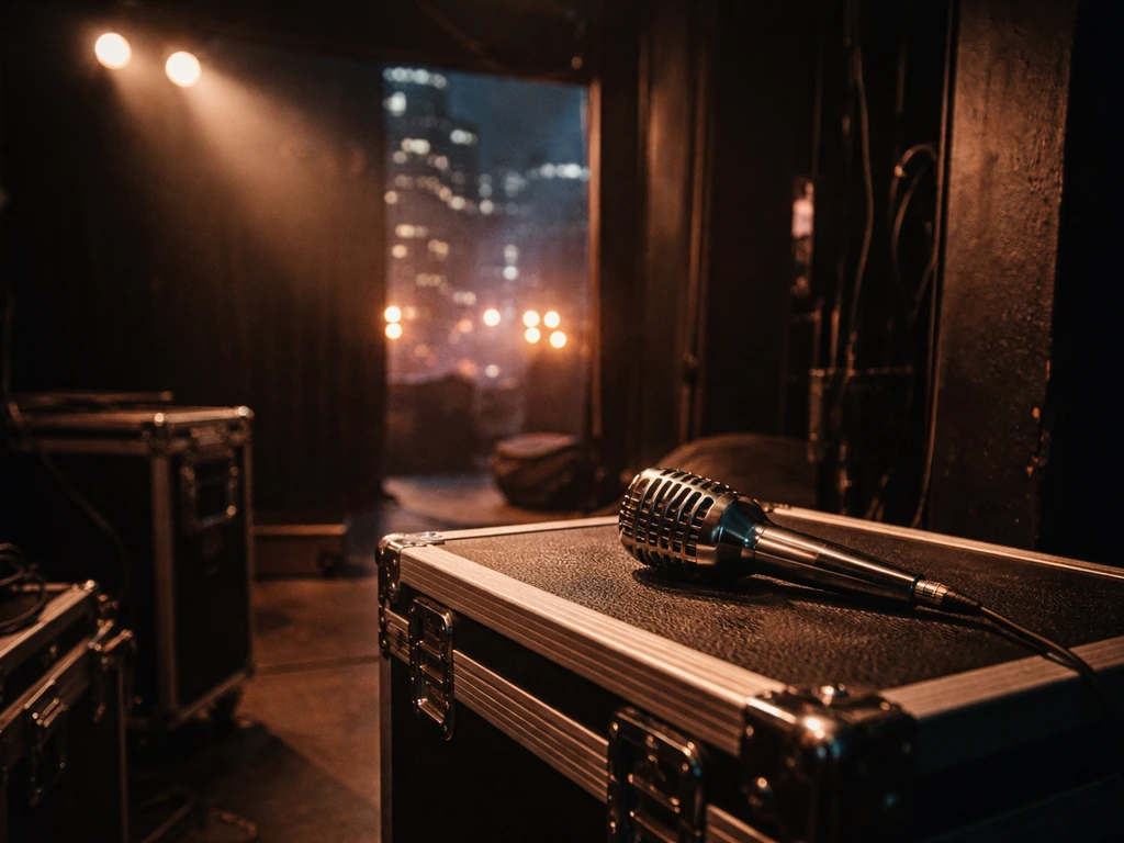 Backstage stage setup with a microphone on a case and warm lights suggesting celebrity media presence.