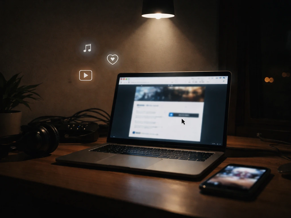 Minimal scene showing a laptop with music-purchase vibe, floating icons, and a small pointer gesture in a dim studio