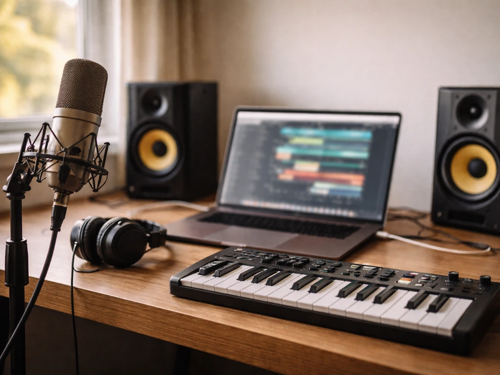 Anonymous producer’s studio desk with laptop audio gear, headphones, monitors, and a microphone, in natural light.