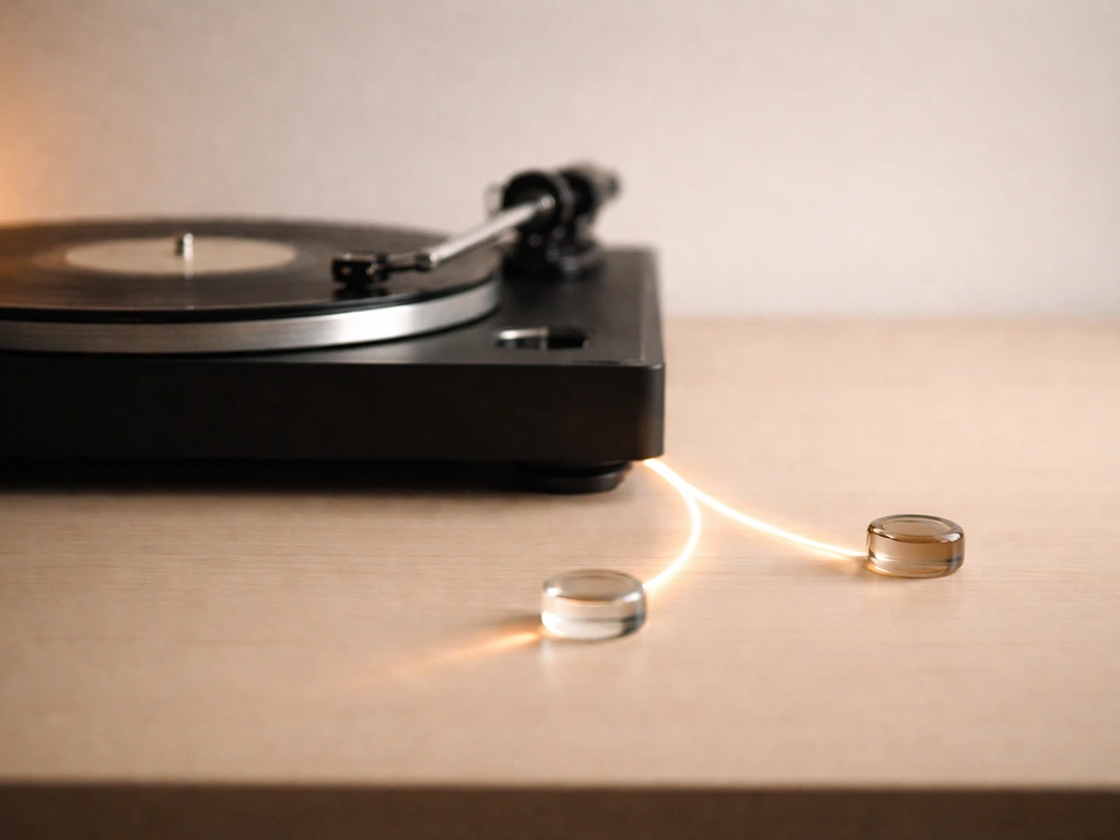 Split streaming royalties concept shown with a record spinning beside two simple tokens and a payflow gesture