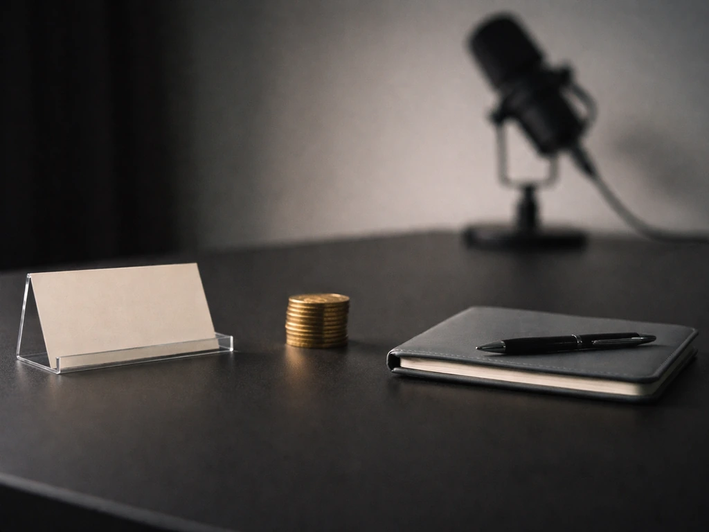 Minimal split of three floating objects over a dark desk: safe-note, coins, and a stylized microphone silhouette