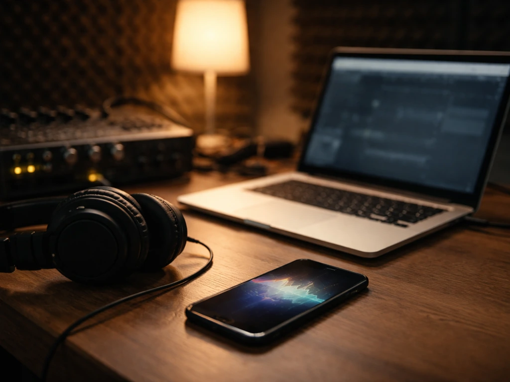 Minimal music studio scene with headphones, mixing console, and laptop glow symbolizing a producer’s world.