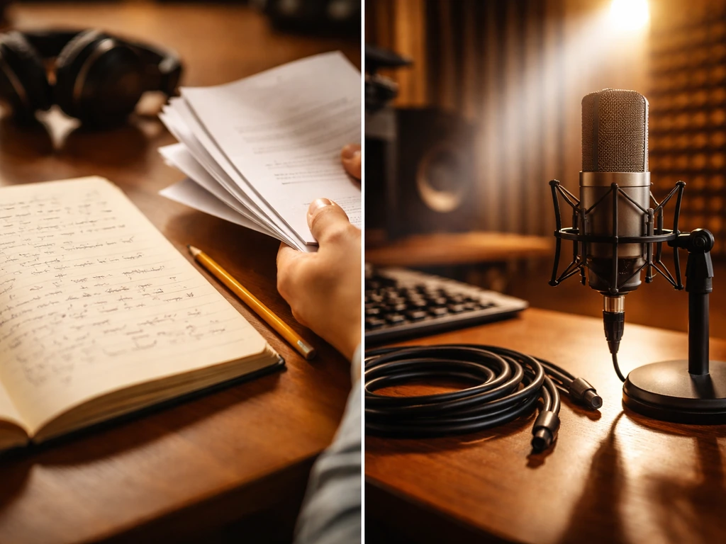 Split scene of songwriter materials on one side and a studio microphone on the other, suggesting royalties flow.